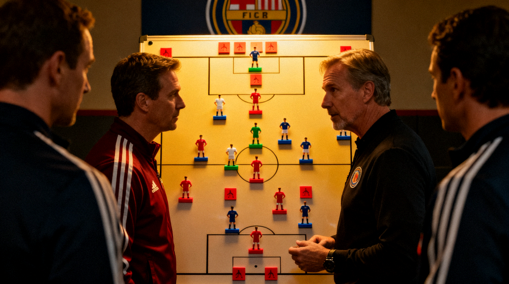 战术板上摆放着代表球员站位的磁贴，教练团队正在分析对阵形势